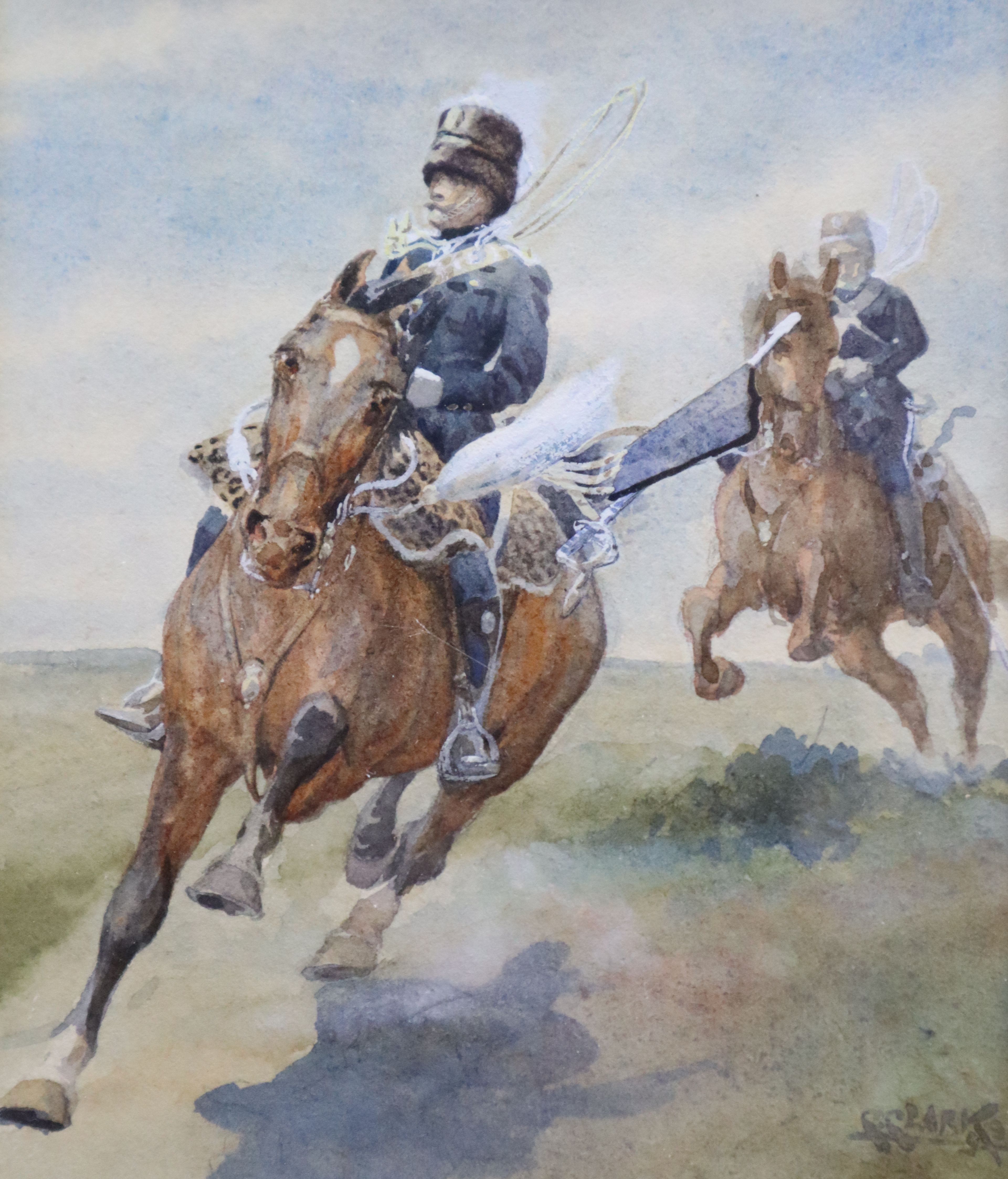 George Clark (1832-1894), pair watercolours, Hussars on horseback, signed